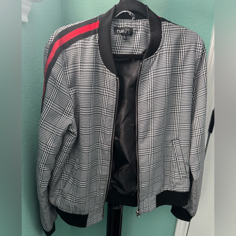 Rue21 Houndstooth Oversized Bomber Jacket with Red Stripe..NWOT